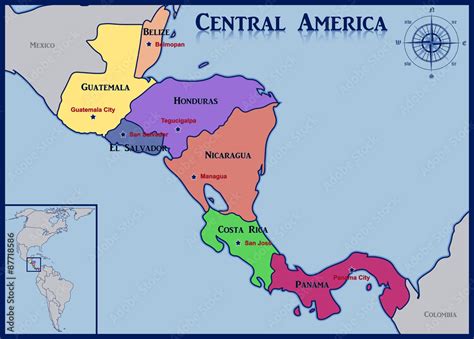 Location And Map Of The Countries Of Central America Stock Vector