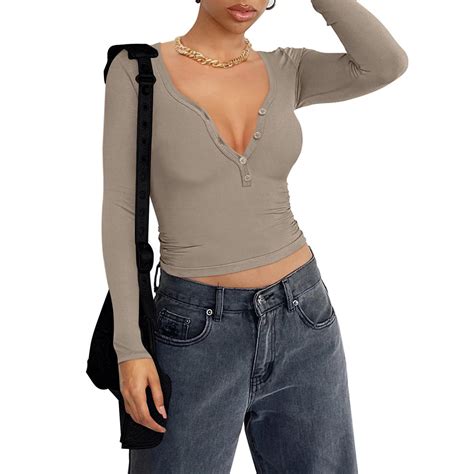 Meichang Crop Tops For Women Long Sleeve Shirts Deep V Neck Button Up