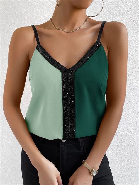 Top Cami Bloco De Cores Lantejoula De Contraste Blusas Femininas