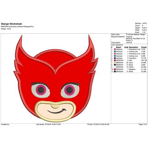 PJ Masks Owlette Head Applique Design