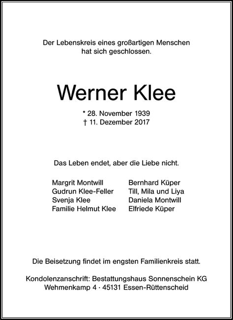 Traueranzeigen Von Werner Klee Trauer In NRW De