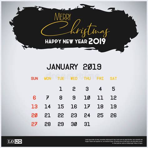 January 2019 New Year Calendar Template. Brush Stroke Header Background ...