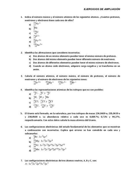 Ejercicios Ampliación Pdf Isótopo Átomos