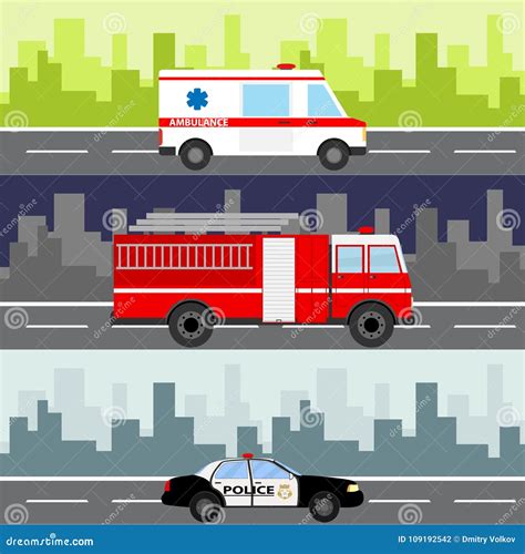 An Ambulance, a Fire Truck, a Police Car on a City Landscape Background ...