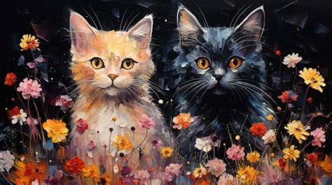 Premium Photo Painting Of Two Cats In A Field Of Flowers With A Black