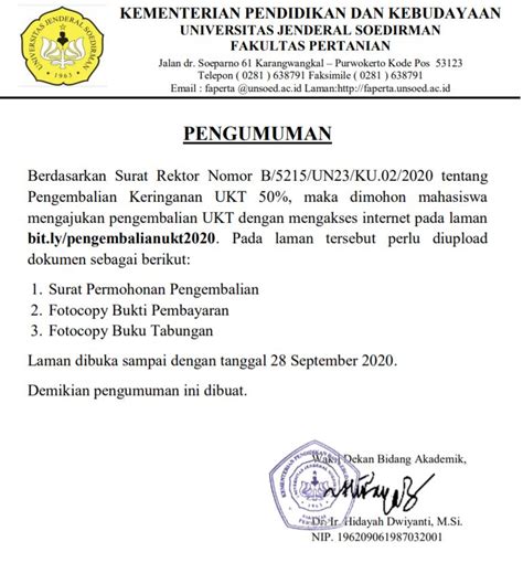 Pengembalian Keringanan UKT 50 Fakultas Pertanian Universitas Jenderal