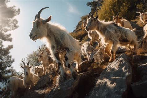 herd  goats climbing  rocky terrain generative ai stock image