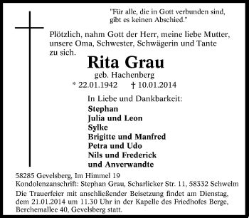 Traueranzeigen Von Rita Grau Trauer In Nrw De