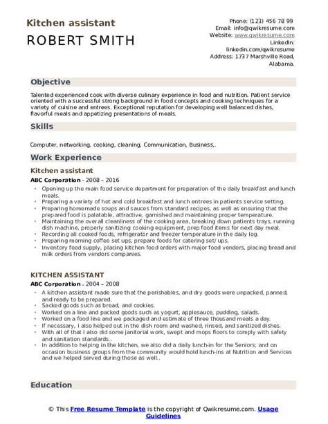 Kitchen Assistant Resume Samples Qwikresume