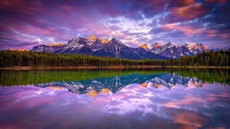 sunrise, Lake, Mountain, Forest, Nature, Landscape, Canada, Snowy Peak ...