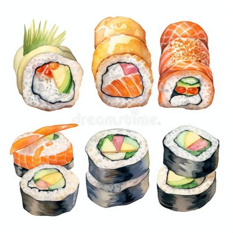 Colorful Sushi Set Watercolor Illustration Realistic Portrayal Of