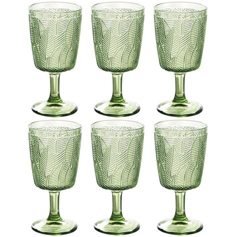 Taganov Green Wine Glasses Set Of 6 Colored Water Drinking Goblets 11 Ounces Vintage Embossed