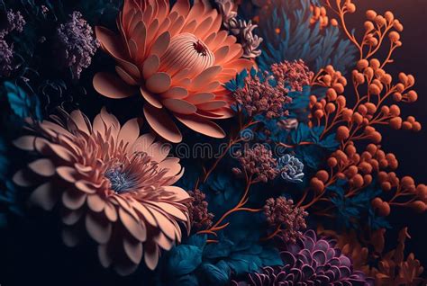 Various Beautiful Orange and Blue Flowers, Close-up Stock Illustration ...