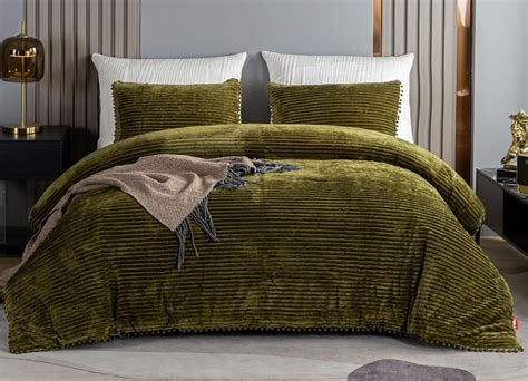 ZUBISU Olive Green Comforter Set Queen 3pcs Reversible Boho Ball Pom