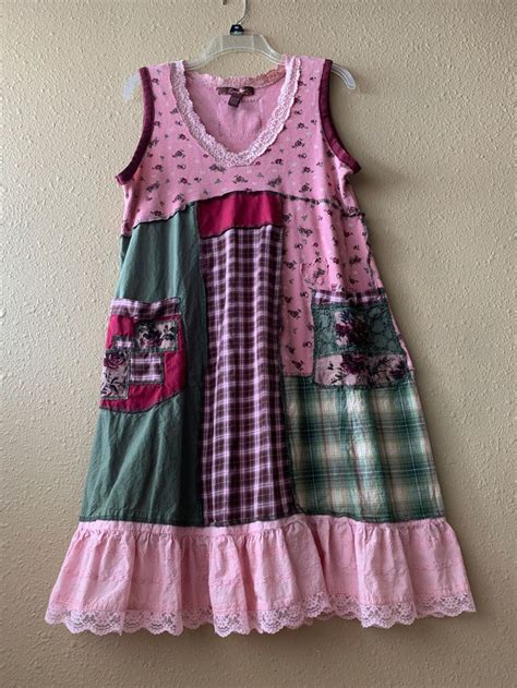 Shabby Chic Upcycled Patchwork Tank Tunic Dress Pink Lacy Etsy Canada Recycled Dress