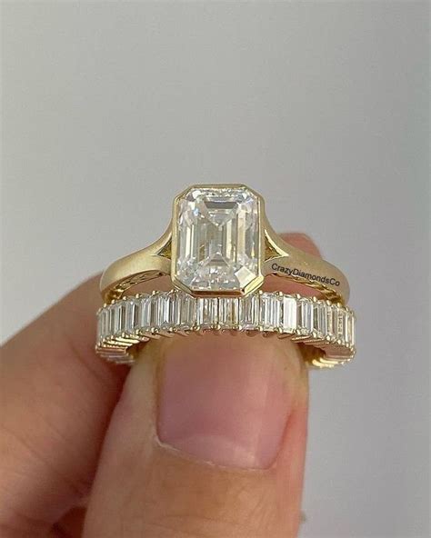 2 50 CT Emerald Cut Bezel Set Split Shank Ring With Full Eternity