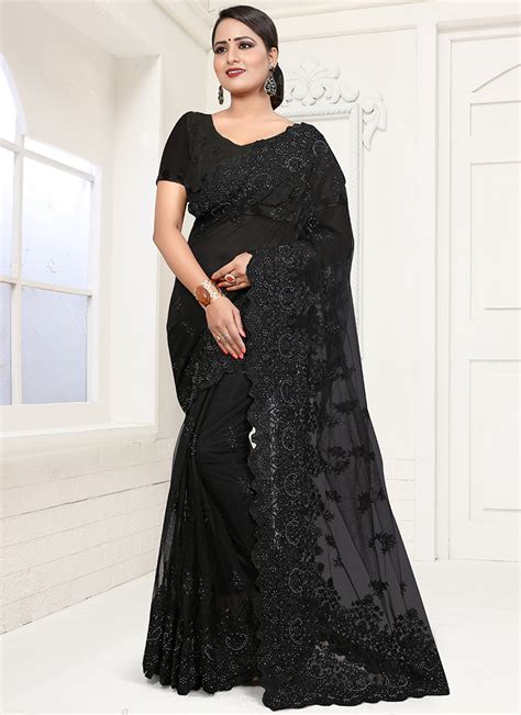 Buy Black Net Embroidered Saree Party Wear Embroidered Sari Online