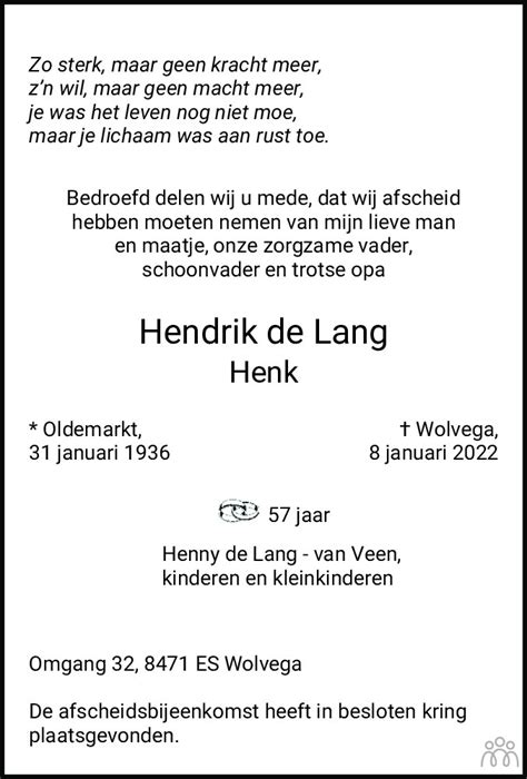 Henk Hendrik De Lang 08 01 2022 Overlijdensbericht En Condoleances