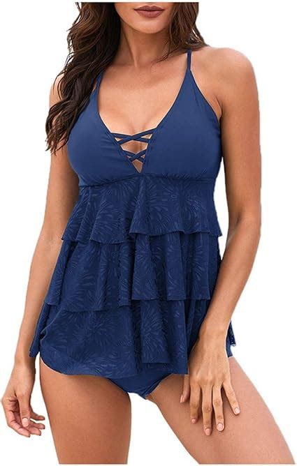 Women Tankini Swimsuits Layered Ruffle Flounce Tankini Top Crisscross