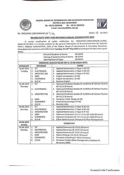 Fbise Revised Date Sheet For Diplomas Annual Exams