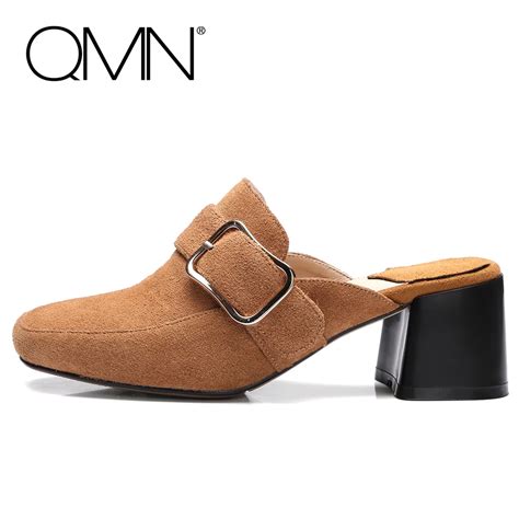 Qmn Women Genuine Leather Mules Women Natural Cow Suede Block Heels