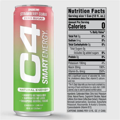 Cellucor C4 Smart Energy Sparkling Strawberry Guava Zero Sugar 12 Fl Oz