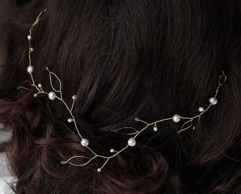 Pearl Hair Vine Gold Leaves And Ivory Freshwater Pearls Bridal Wedding Grecian Hair Garland