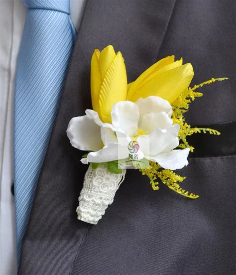 5Pcs Lot Handmade Groom Boutonniere Groomsman Corsage Artificial Yellow