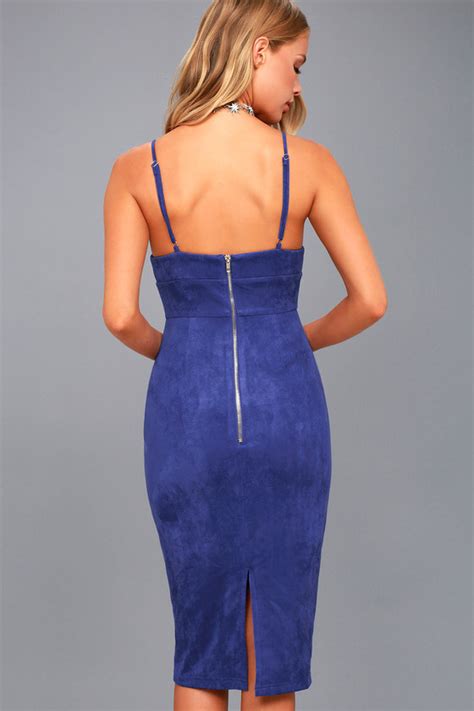 Stylish Midi Dress Suede Bodycon Dress Royal Blue Dress