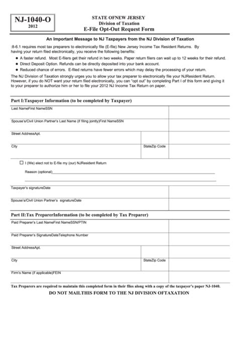 Fillable Form Nj 1040 O E File Opt Out Request Form 2012 Printable