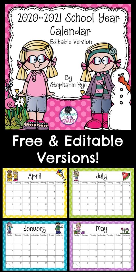 a calendar with the words free and editable versions for school year ...