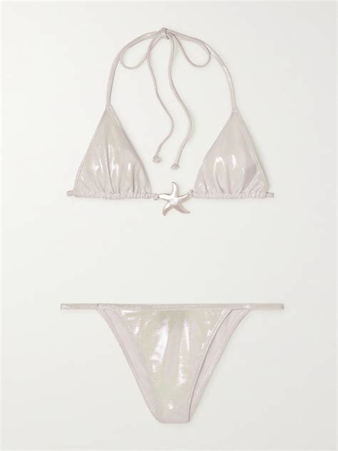 Leslie Amon Star Embellished Iridescent Stretch Triangle Bikini In