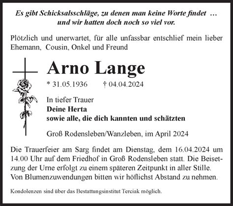 Traueranzeigen Von Arno Lange Abschied Nehmen De