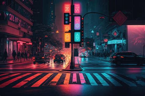 The Neon Night Cityscape, with the Crosswalk and Traffic Lights Visible ...