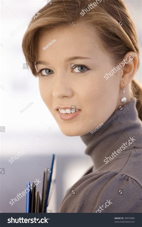 Closeup Portrait Attractive Office Worker Holding Stock Photo 78079489