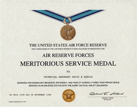 Air Reserve Meritorious Service Medal Certificate