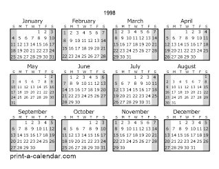 Download 1998 Printable Calendars