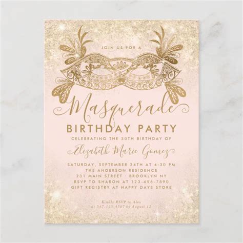 Masquerade Blush Pink Gold Glitter Birthday Party Postcard Zazzle