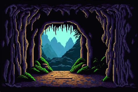 Premium Photo Pixel Art Cave Entrance Natural Tunnel With Rocks Trees