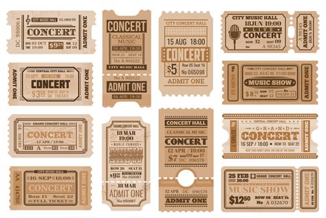 Music Concert Retro Tickets Admits Templates Set Vector Art