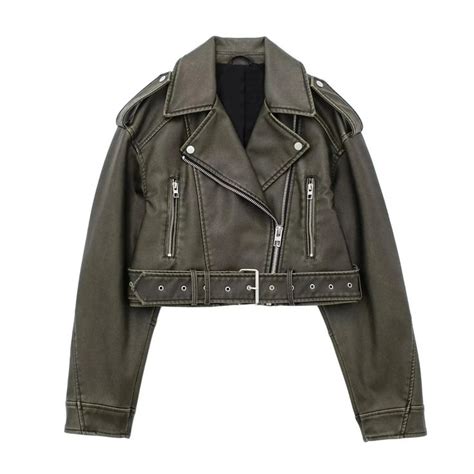 Spring Autumn Women Faux Pu Leather Short Jacket With Belt Motorcycle