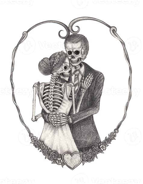 Art Fancy Couple Wedding Skulls Hand Drawing On Paper Png