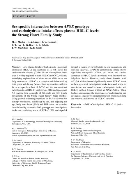 Pdf Sex Specific Interaction Between Apoe Genotype And Carbohydrate