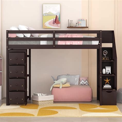 Amazon Biadnbz Wooden Twin Size Loft Bed With Stairs Storage