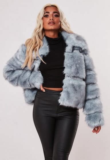 Missguided Blue Pelted Short Faux Fur Coat Fluffy Luxe Style Winter Coats