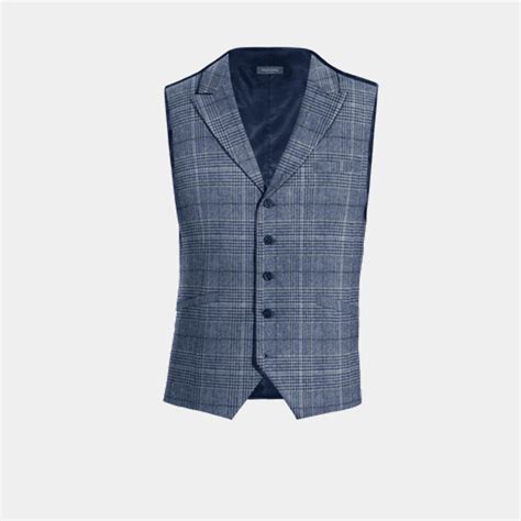 Gilet Elegante Con Risvolto A Lancia Blu Principe Di Galles In Tweed