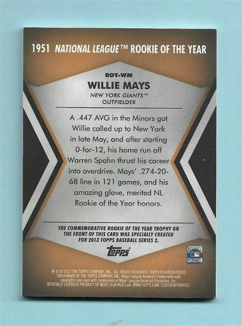 Willie Mays Topps Commemorative Rookie Of The Year Trophy Card Ebay