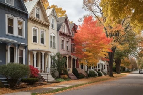 Premium AI Image Residential Neighborhood With Colorful Fall Foliage