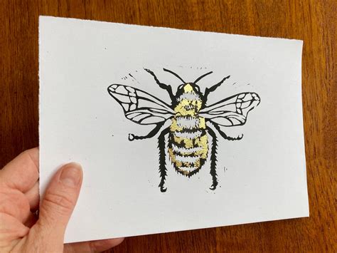 Gold Leaf Busy Bee Original Linocut Art Print Etsy