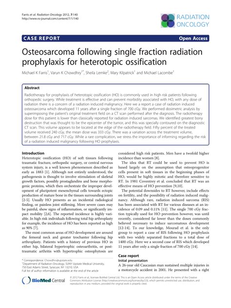 PDF Osteosarcoma Following Single Fraction Radiation Prophylaxis For